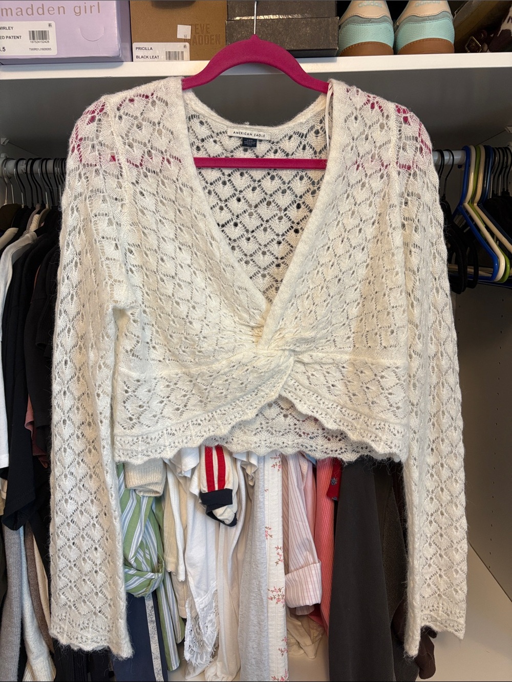 American Eagle Outfitters Cream Open-Knit V-Neck Twist-Front Sweater